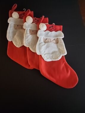 New Set of 3, Holiday Christmas Santa Red & White Stockings, Approx., 18inx9in
